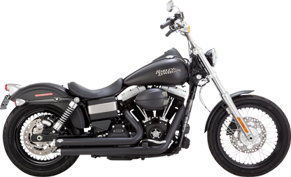Black Vance & Hines Big Shots staggered exhaust system with chrome tips for motorcycle, part #47338, showcases sleek, high-performance design.