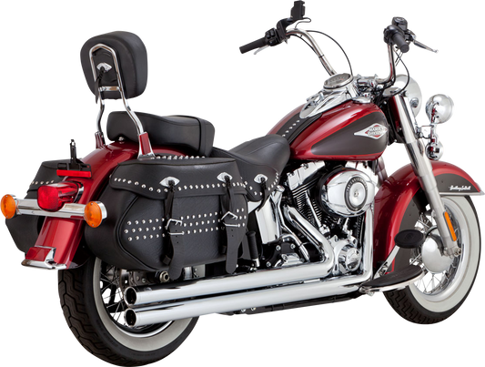Chrome Vance & Hines Big Shots Long Exhaust System for motorcycles, showing sleek chrome finish and pipe design