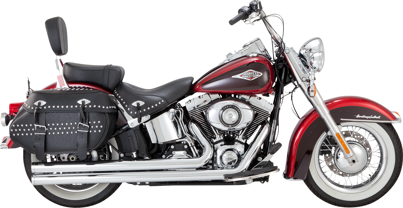 Chrome Vance & Hines Big Shots Long Exhaust System for motorcycles, featuring sleek chrome finish and twin long pipes.