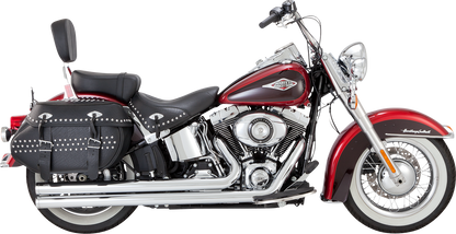 Chrome Vance & Hines Big Shots Long Exhaust System for motorcycles, featuring sleek chrome finish and twin long pipes.
