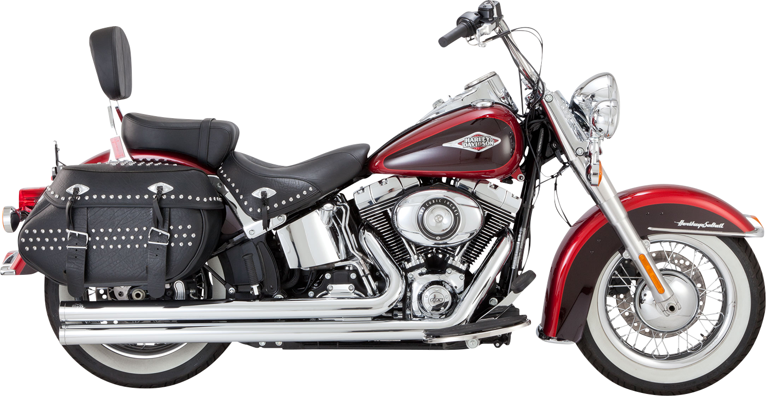 Chrome Vance & Hines Big Shots Long Exhaust System for motorcycles, featuring dual pipes and chrome finish.