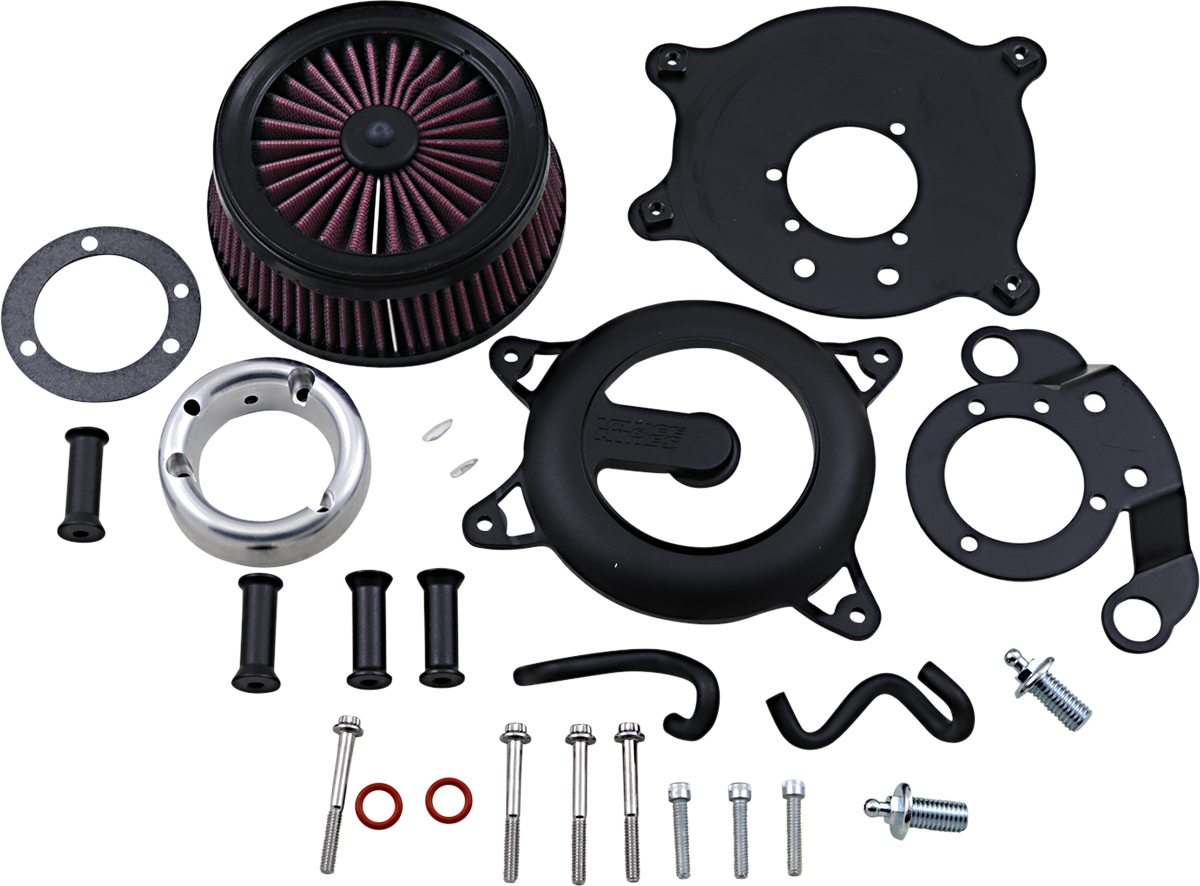 Vance & Hines VO2 Rogue Air Intake Kit in wrinkle black installed on a motorcycle engine, showcasing sleek design and branding.