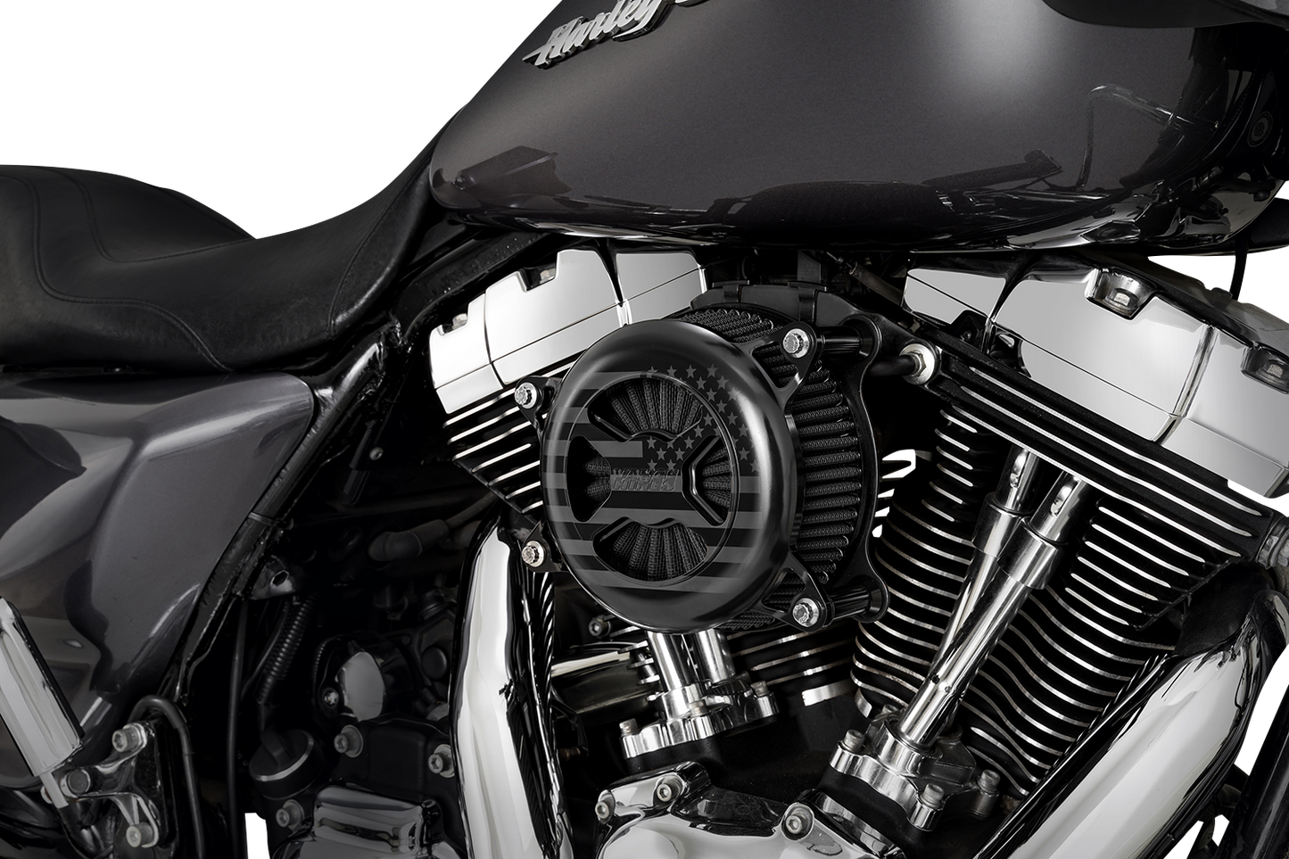 Black Vance & Hines VO2 America air intake kit for Dyna, Softail, and Touring Harley-Davidson motorcycles.