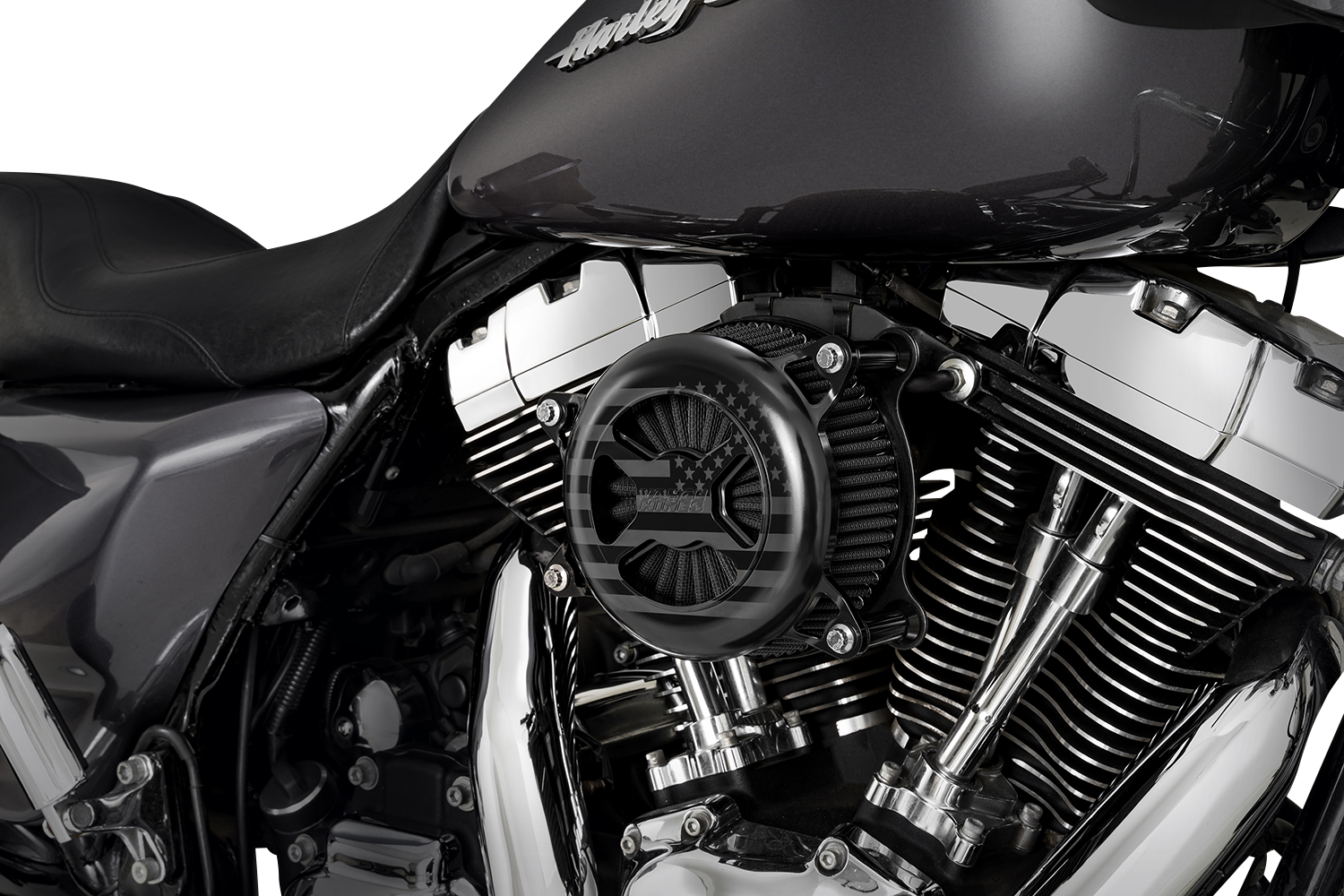 Black Vance & Hines VO2 America air intake kit for Dyna, Softail, and Touring Harley-Davidson motorcycles.