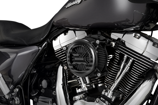Black Vance & Hines VO2 America air intake kit for Dyna, Softail, and Touring Harley-Davidson motorcycles.