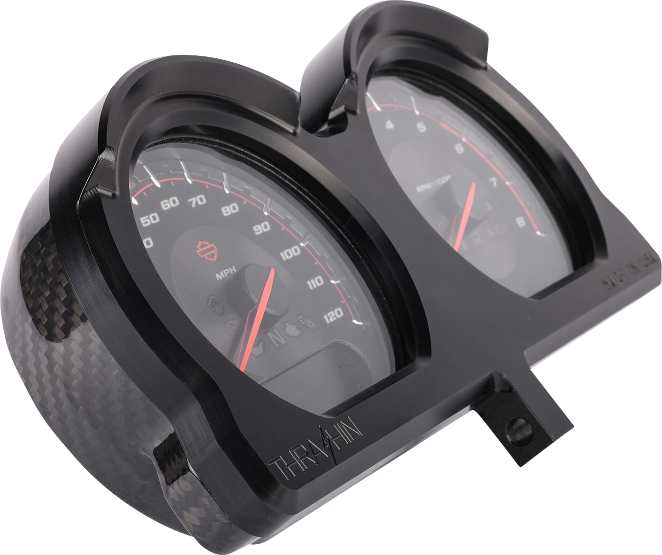 Black gauge relocation kit by THRASHIN SUPPLY CO. with mounting hardware and instructions, part number TSC-2707-1.