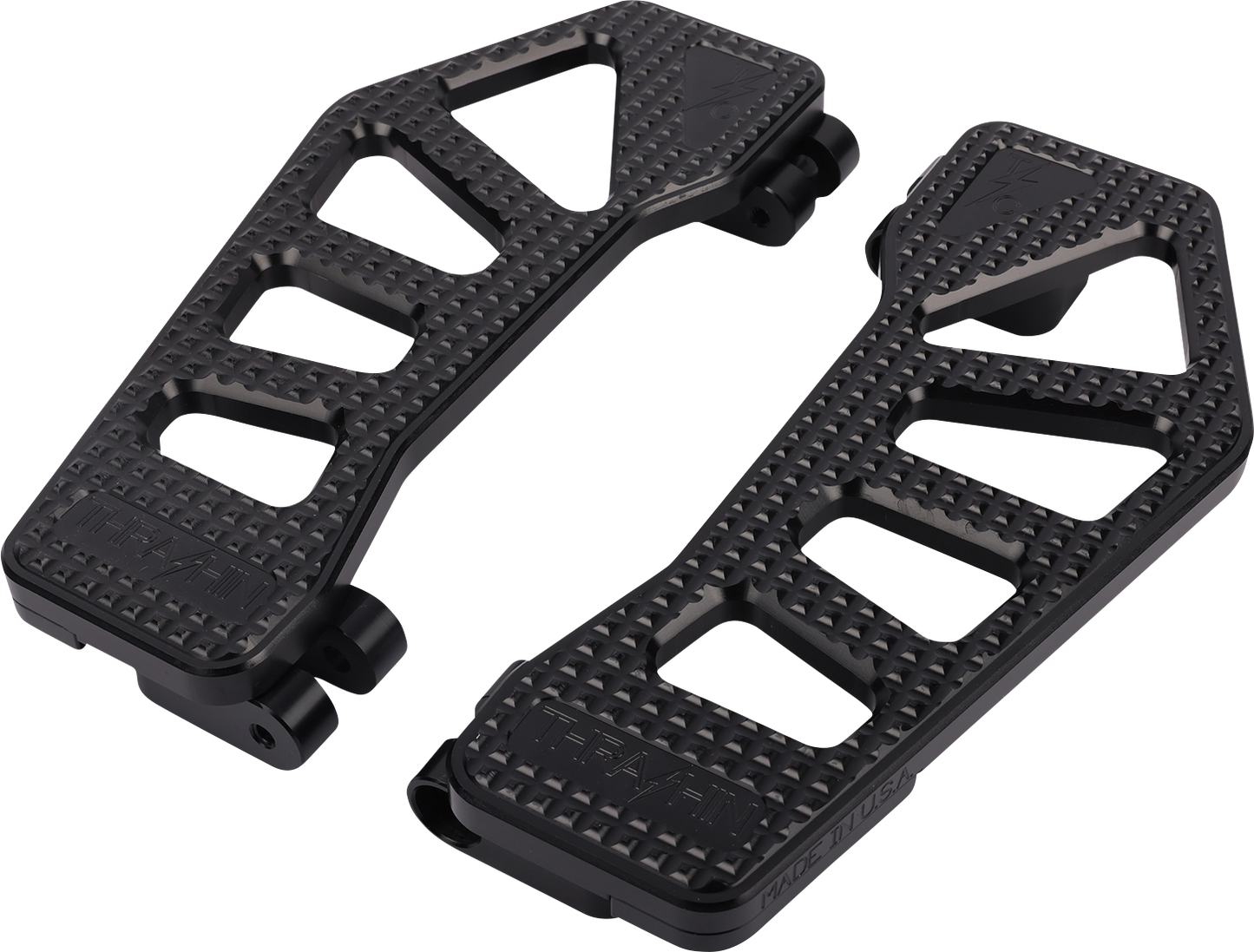 Black THRASHIN SUPPLY CO. Apex Floorboards for Harley-Davidson motorcycles, featuring durable rubber grips and sleek design.