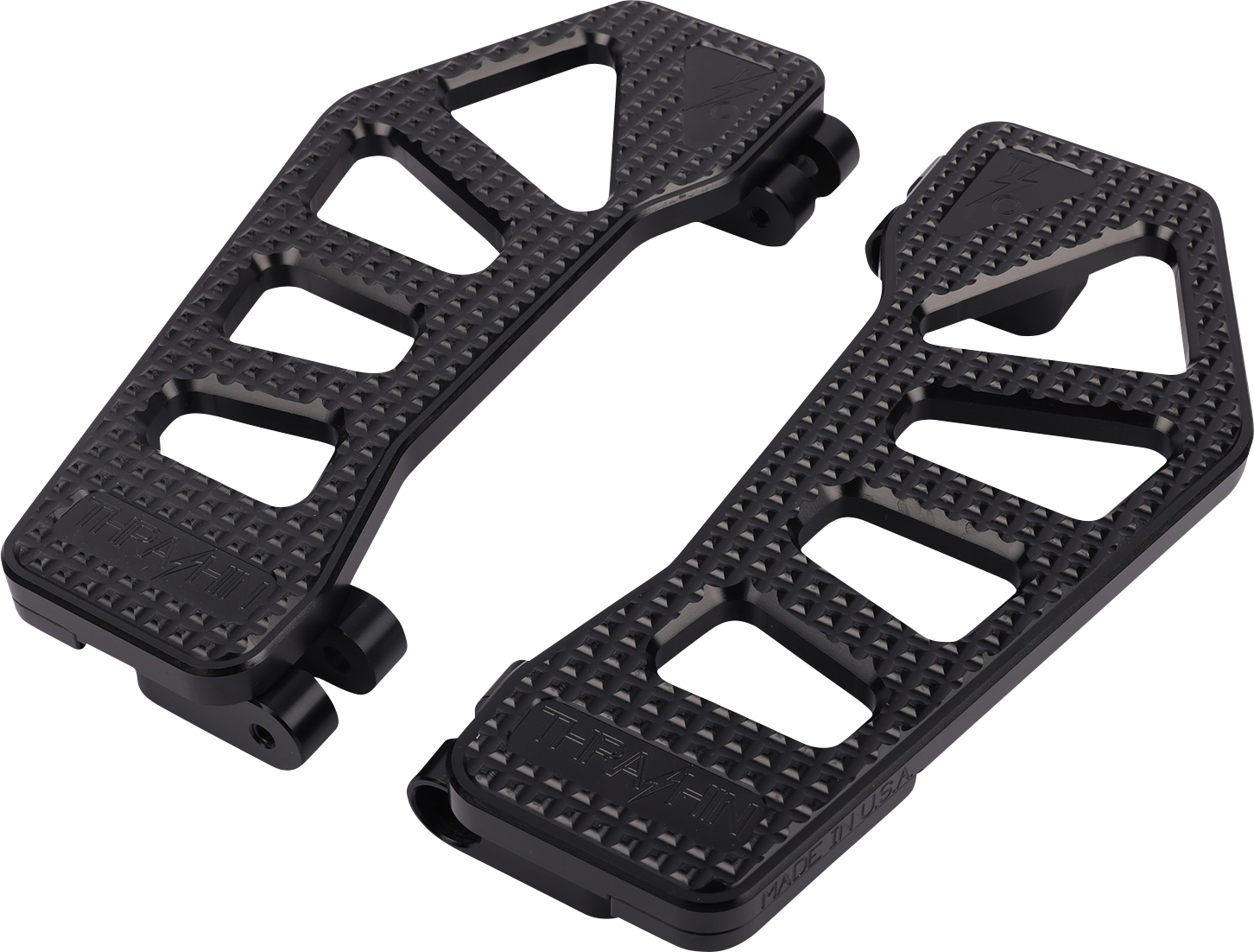 Black THRASHIN SUPPLY CO. Apex Floorboards for Harley-Davidson motorcycles, featuring durable rubber grips and sleek design.