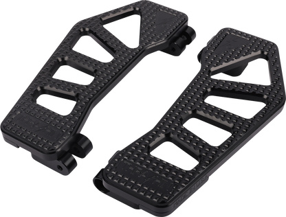 Black THRASHIN SUPPLY CO. Apex Floorboards for Harley-Davidson motorcycles, featuring durable rubber grips and sleek design.