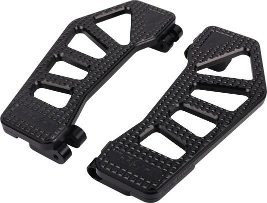 Black THRASHIN SUPPLY CO. Apex Floorboards for Harley-Davidson motorcycles, featuring durable rubber grips and sleek design.