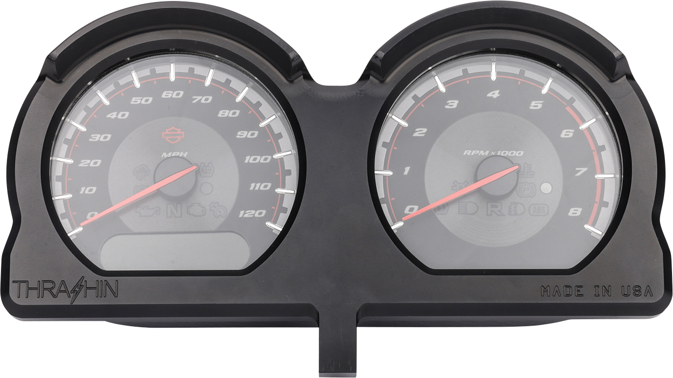 Black THRASHIN SUPPLY CO. gauge relocation kit with mounting hardware for easy installation and adjustment.