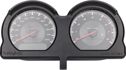 Black THRASHIN SUPPLY CO. gauge relocation kit with mounting hardware for easy installation and adjustment.