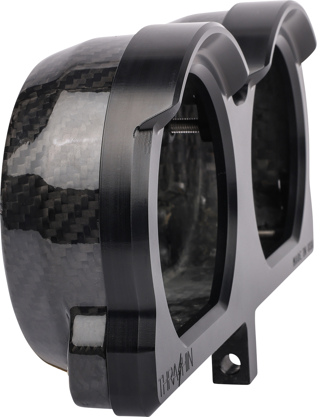 Black gauge relocation kit by THRASHIN SUPPLY CO. featuring metal brackets and hardware for automotive gauge installation.