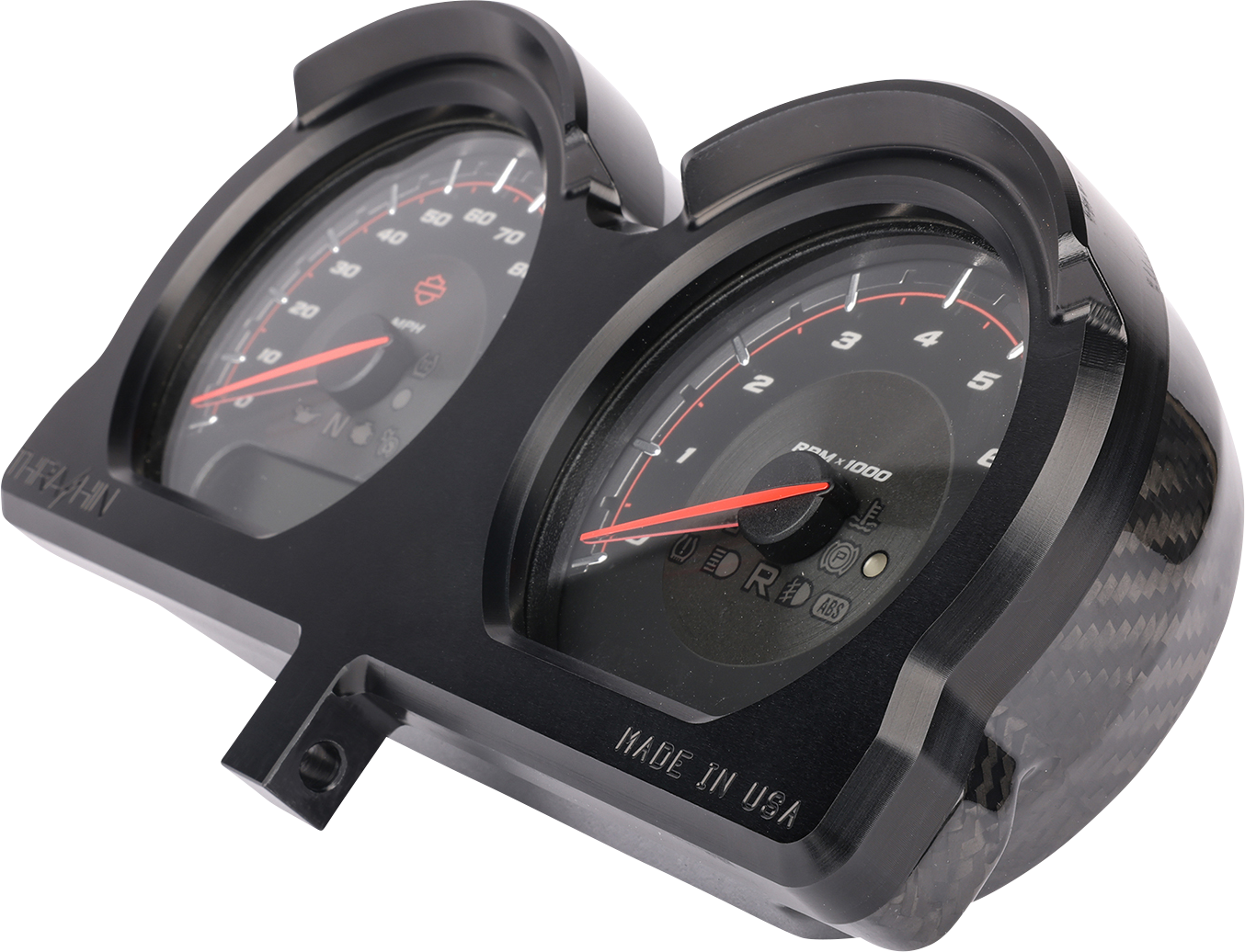 Black gauge relocation kit from THRASHIN SUPPLY CO. with mounting hardware, designed for easy installation and vehicle customization.