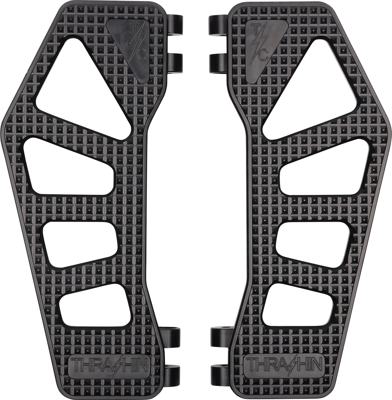 Black THRASHIN SUPPLY CO. Apex floorboards for Harley-Davidson motorcycle, featuring durable design and textured surface.