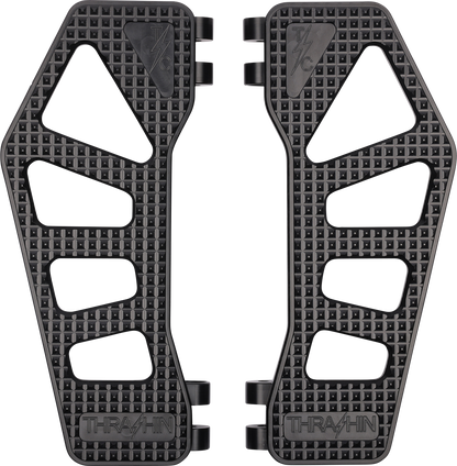 Black THRASHIN SUPPLY CO. Apex floorboards for Harley-Davidson motorcycle, featuring durable design and textured surface.