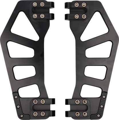 Black THRASHIN SUPPLY CO. Apex floorboards for Harley-Davidson, featuring durable rubber grips and metal mounting plates.