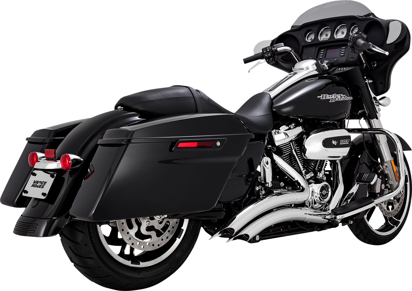 VANCE & HINES Big Radius exhaust system with chrome finish, featuring dual pipes and polished metal for motorcycles.