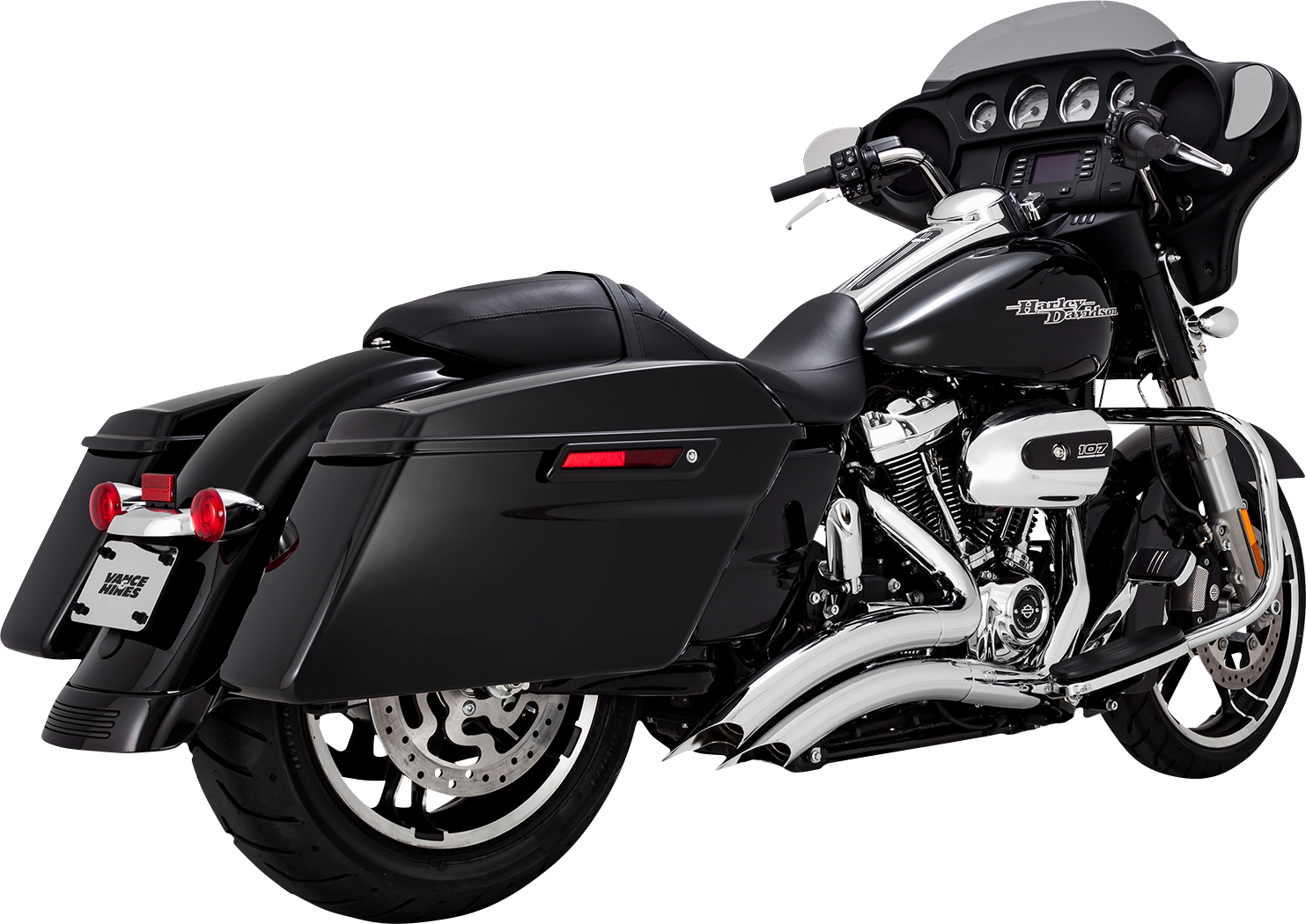 VANCE & HINES Big Radius exhaust system with chrome finish, featuring dual pipes and polished metal for motorcycles.