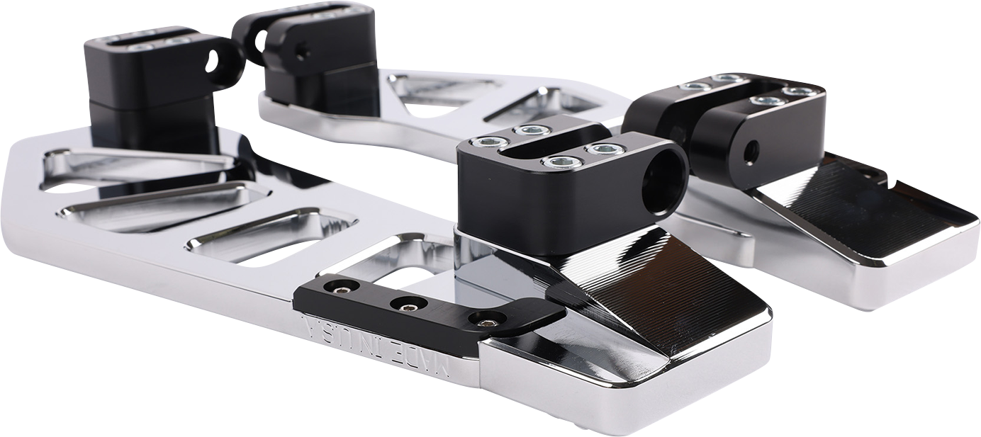 Chrome THRASHIN SUPPLY CO. Apex Floorboard Tail Extension with 1/2-inch lift kit, showing the extended chrome tail piece.