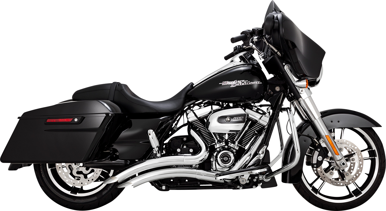 VANCE & HINES Big Radius exhaust system with chrome finish, featuring curved pipes and chrome tips for motorcycle compatibility.