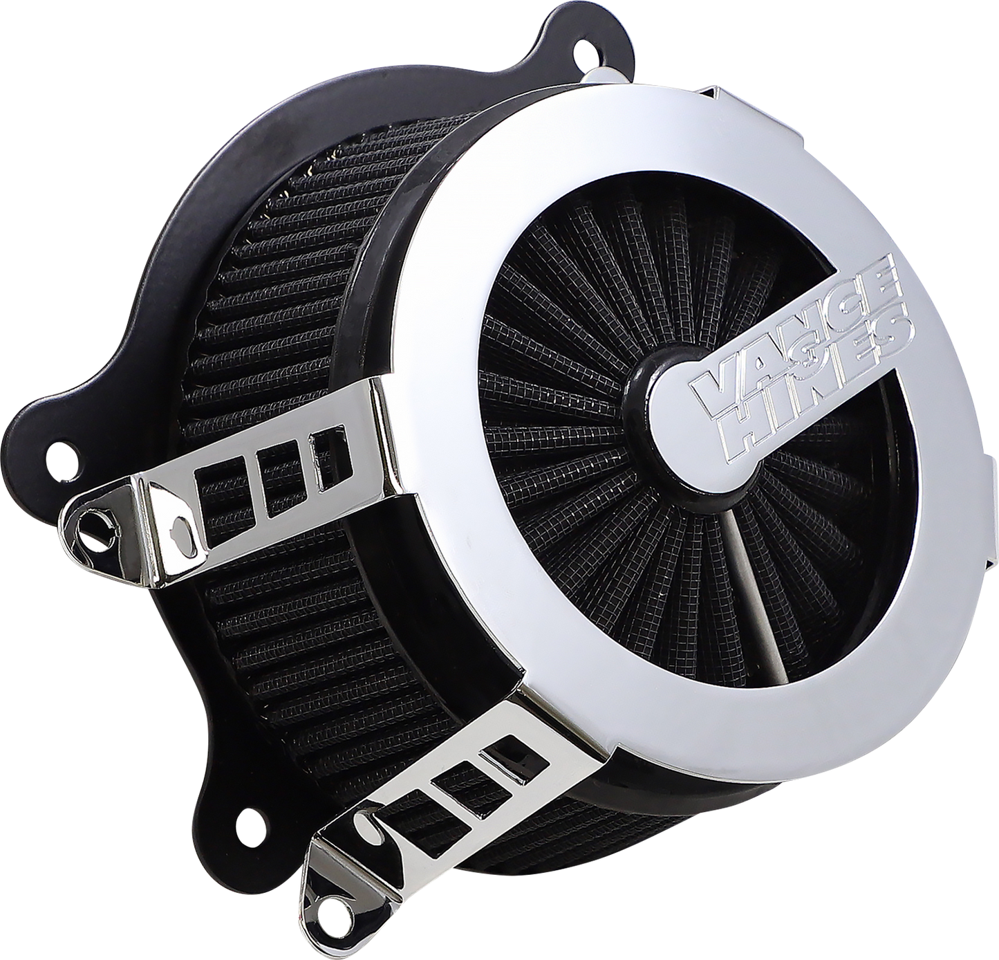 Chrome Vance & Hines VO2 Cage Fighter air intake kit for motorcycle with polished metal finish and detailed design.