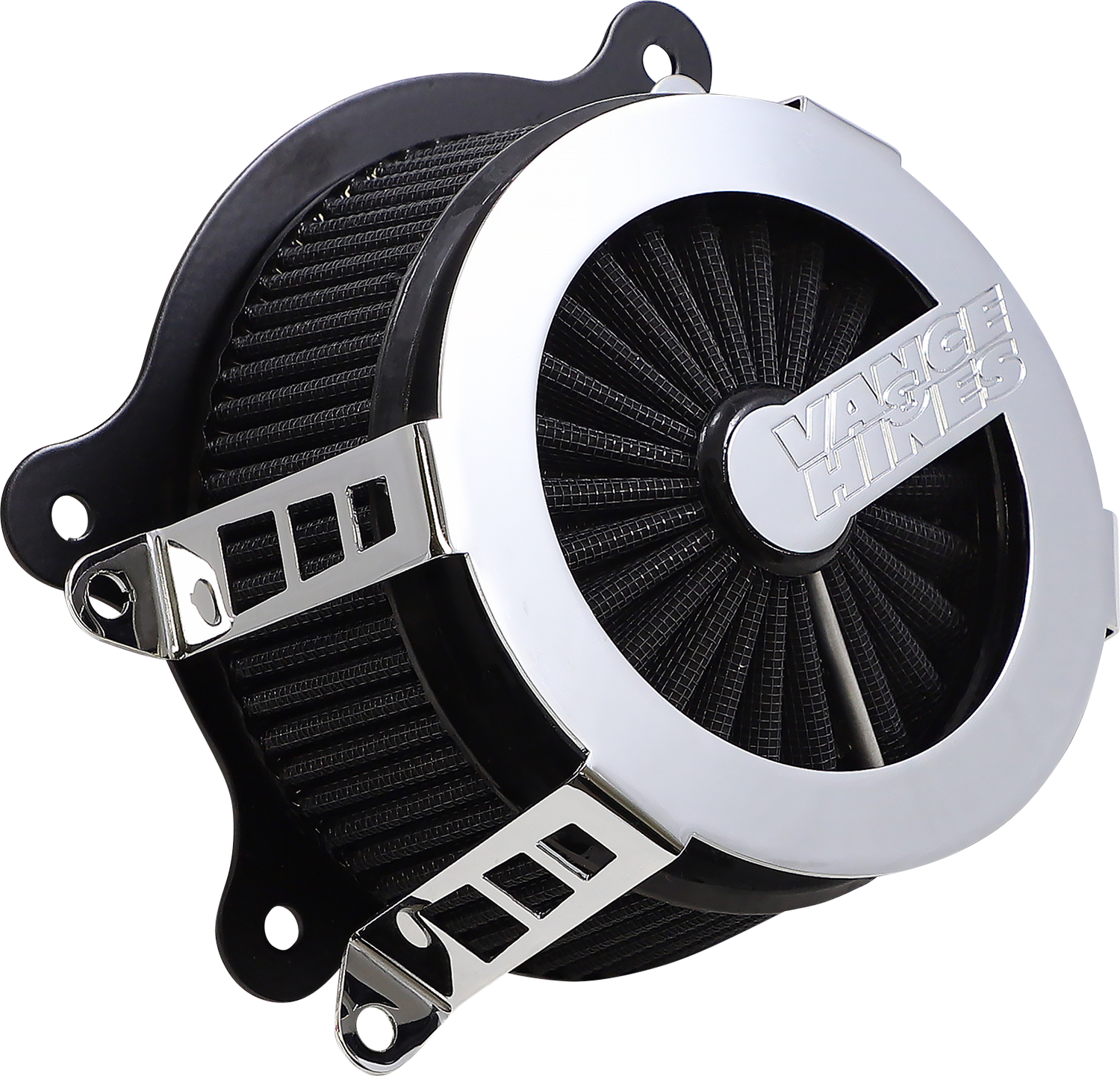 Chrome Vance & Hines VO2 Cage Fighter air intake kit for motorcycle with polished metal finish and detailed design.