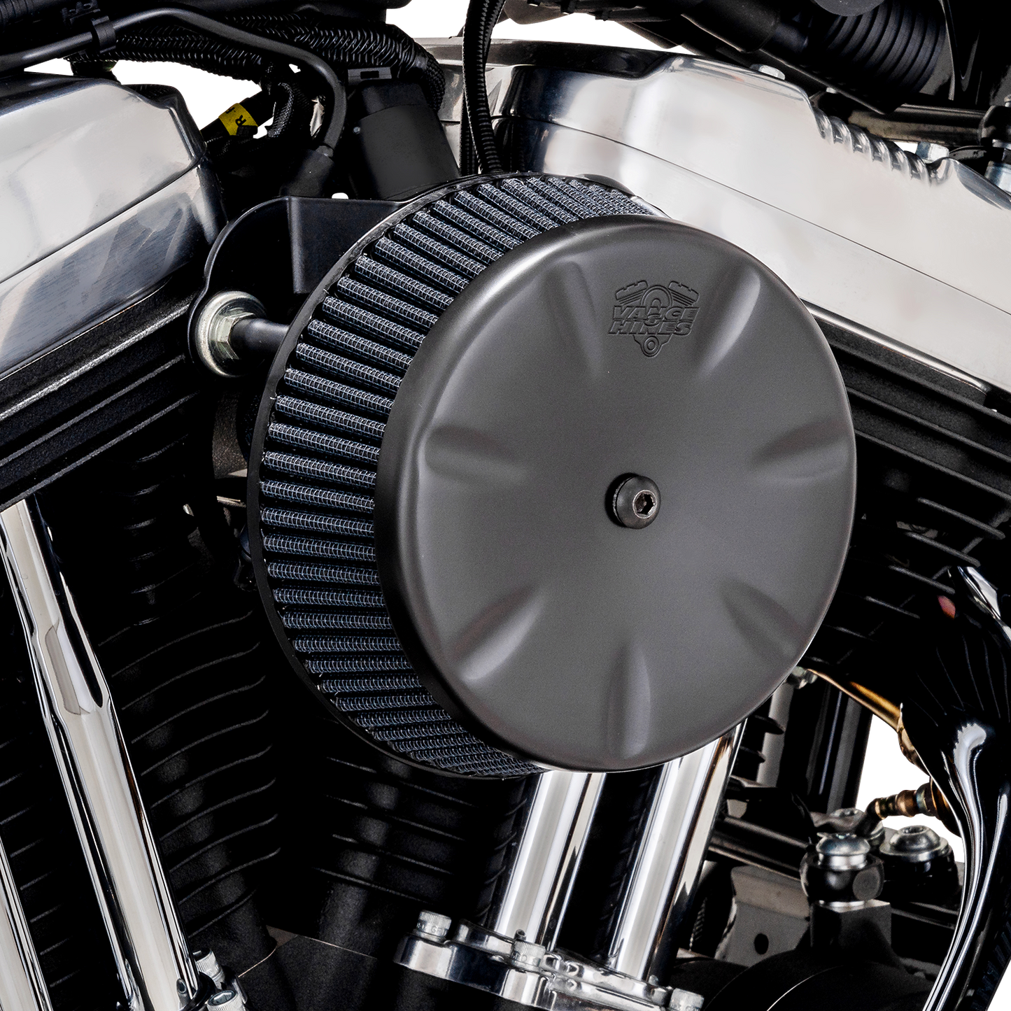 VANCE & HINES VO2 Eliminator Air Intake Kit in matte black with sleek design and branded logo for motorcycle performance.