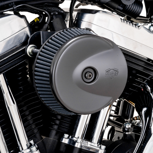 Vance & Hines VO2 Stingray air intake kit in matte black installed on a classic V-twin engine motorcycle.