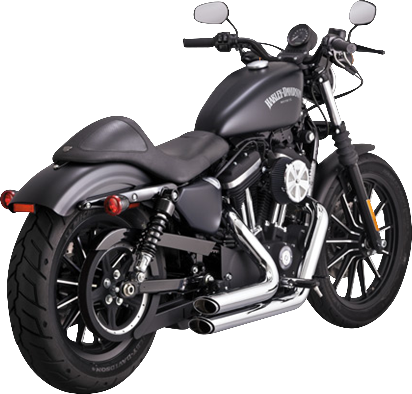 VANCE & HINES Shortshots Staggered Chrome Exhaust System for motorcycle, featuring sleek chrome finish and twin staggered pipes.