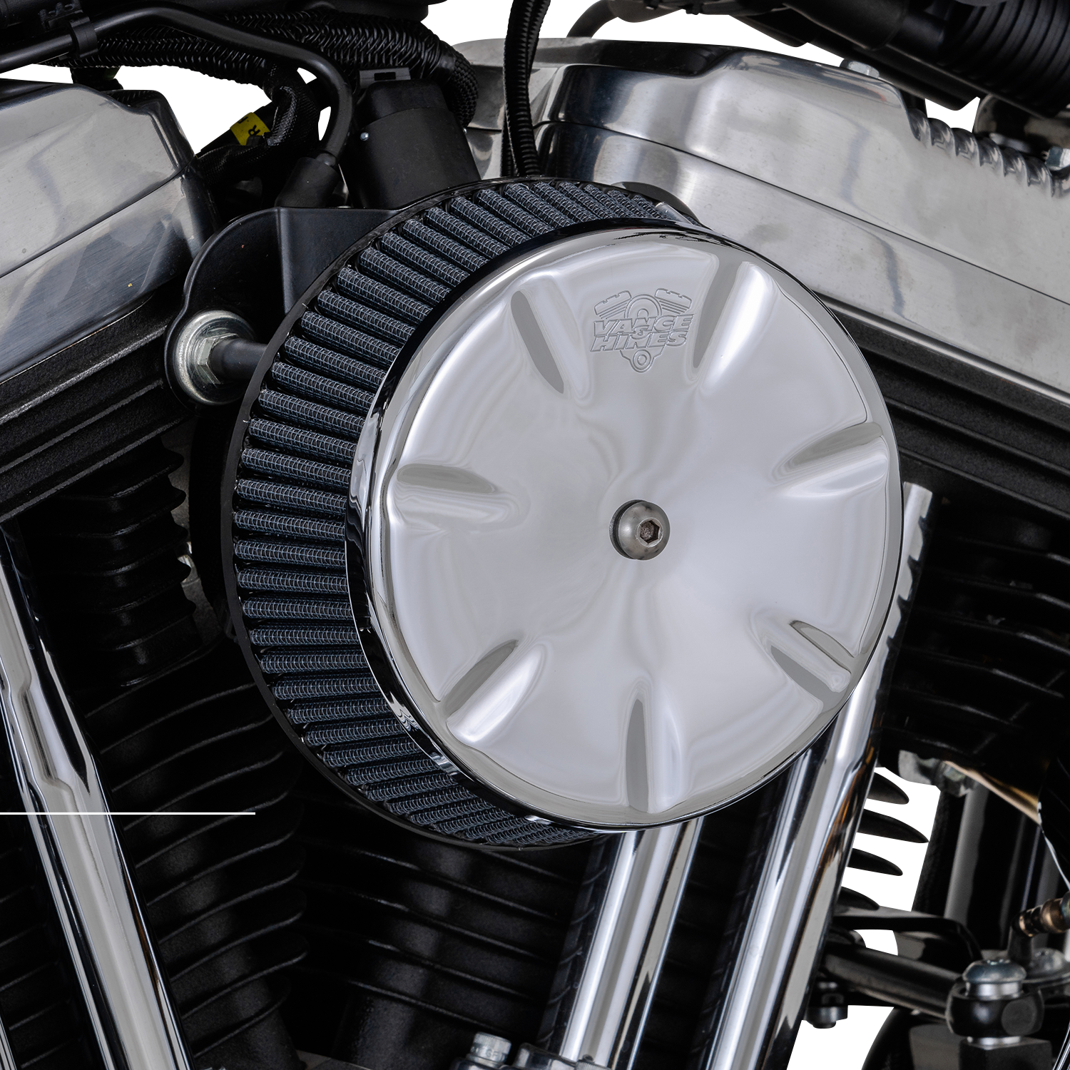 VANCE & HINES VO2 Eliminator Air Intake Kit in chrome for motorcycle, featuring sleek, polished design and filtering components.