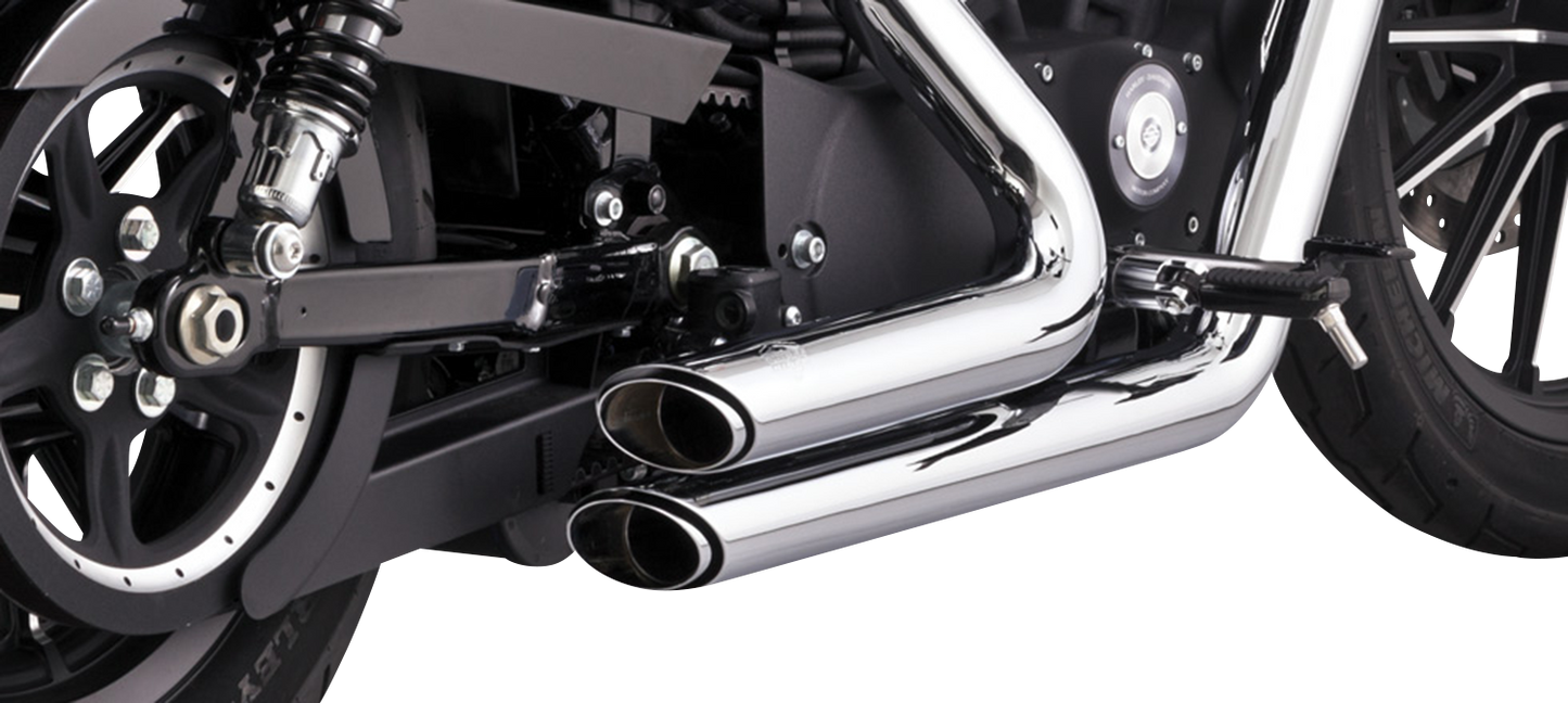 Vance & Hines Shortshots Staggered Chrome Exhaust System for motorcycles, showing chrome finish and dual exhaust pipes.