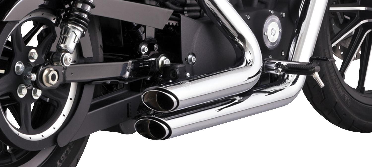 Vance & Hines Shortshots Staggered Chrome Exhaust System for motorcycles, showing chrome finish and dual exhaust pipes.