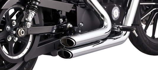 Vance & Hines Shortshots Staggered Chrome Exhaust System for motorcycles, showing chrome finish and dual exhaust pipes.
