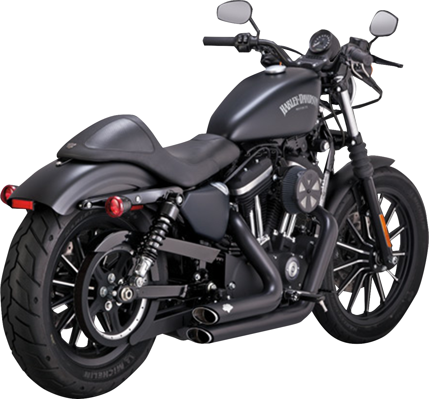 VANCE & HINES Shortshots Staggered exhaust system in black for motorcycles, with sleek, polished stainless steel tips.