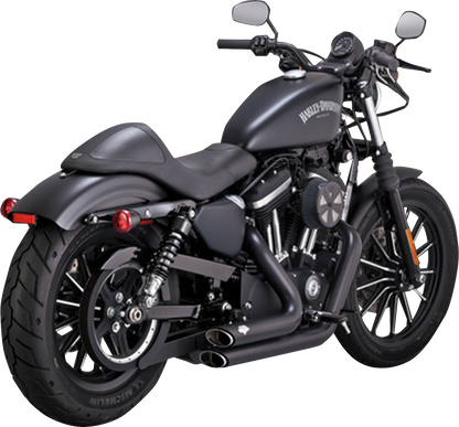 VANCE & HINES Shortshots Staggered exhaust system in black for motorcycles, with sleek, polished stainless steel tips.
