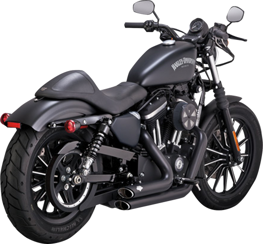 VANCE & HINES Shortshots Staggered exhaust system in black for motorcycles, with sleek, polished stainless steel tips.