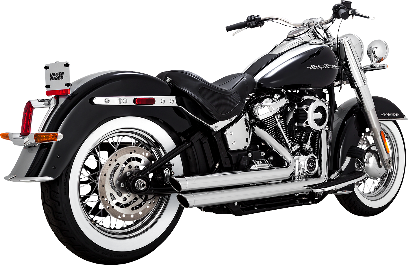 Chrome Vance & Hines Big Shots Staggered Exhaust System for motorcycles, featuring sleek chrome finish and dual pipes.