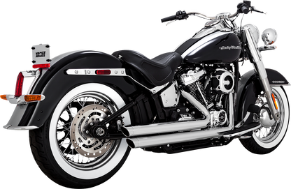Chrome Vance & Hines Big Shots Staggered Exhaust System for motorcycles, featuring sleek chrome finish and dual pipes.