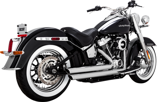 Chrome Vance & Hines Big Shots Staggered Exhaust System for motorcycles, featuring sleek chrome finish and dual pipes.