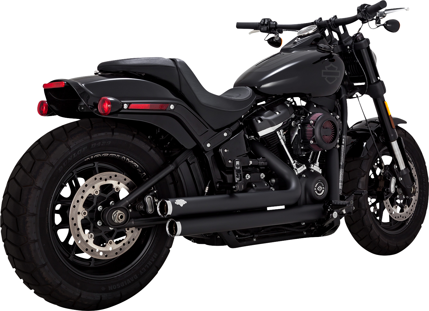 Vance & Hines Big Shots Staggered exhaust system in black for motorcycles, featuring dual chrome tips and a sleek design.