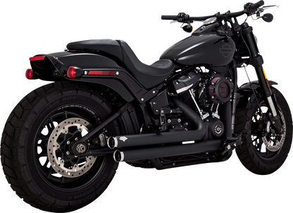 Vance & Hines Big Shots Staggered exhaust system in black for motorcycles, featuring dual chrome tips and a sleek design.