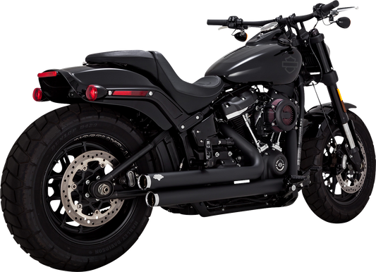 Vance & Hines Big Shots Staggered exhaust system in black for motorcycles, featuring dual chrome tips and a sleek design.