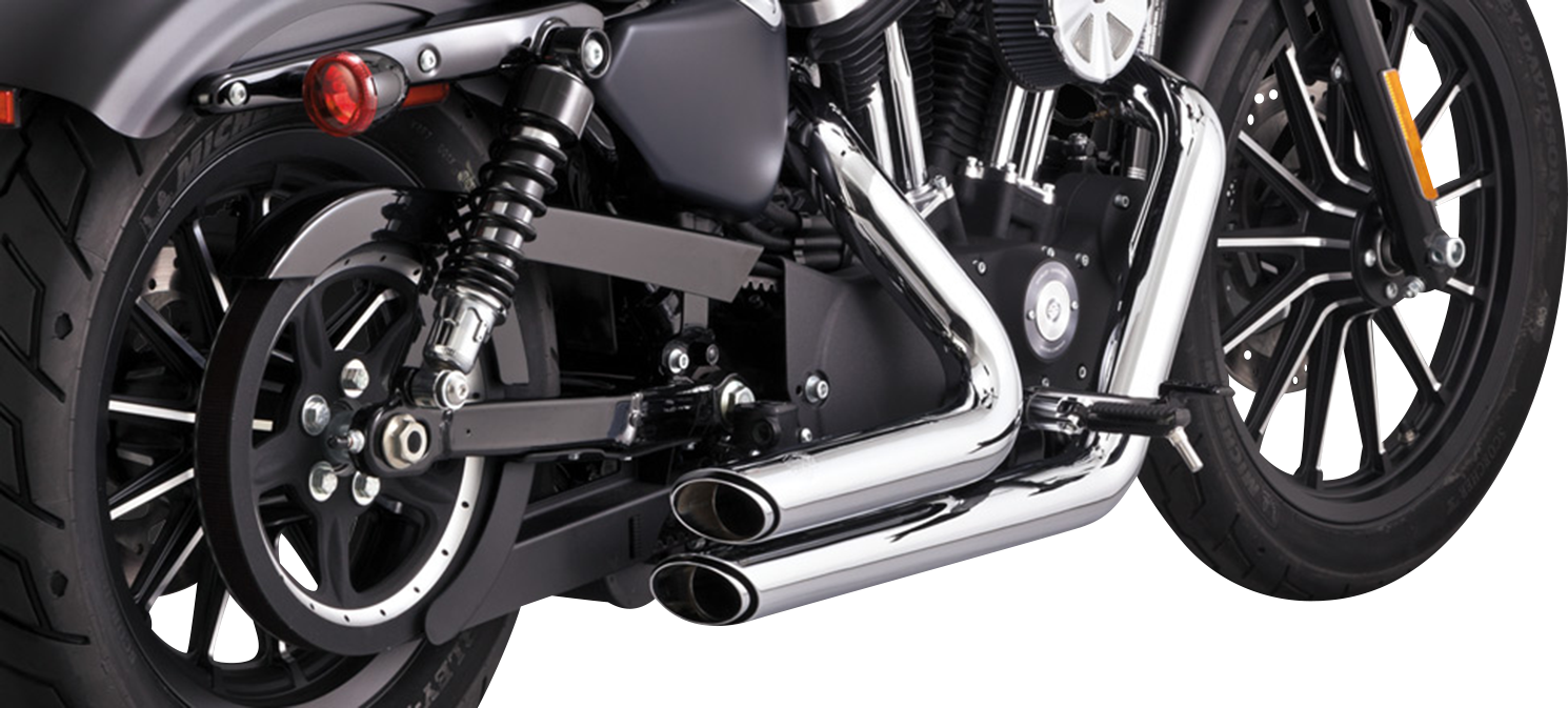Chrome Vance & Hines Shortshots Staggered Exhaust System for motorcycles, featuring shiny chrome finish and sleek design.