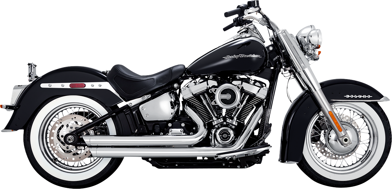 Chrome Vance & Hines Big Shots Staggered Exhaust System for motorcycle, showing the sleek, chrome-finished dual exhaust pipes.
