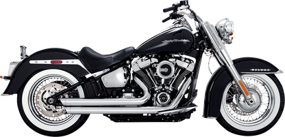 Chrome Vance & Hines Big Shots Staggered Exhaust System for motorcycle, showing the sleek, chrome-finished dual exhaust pipes.