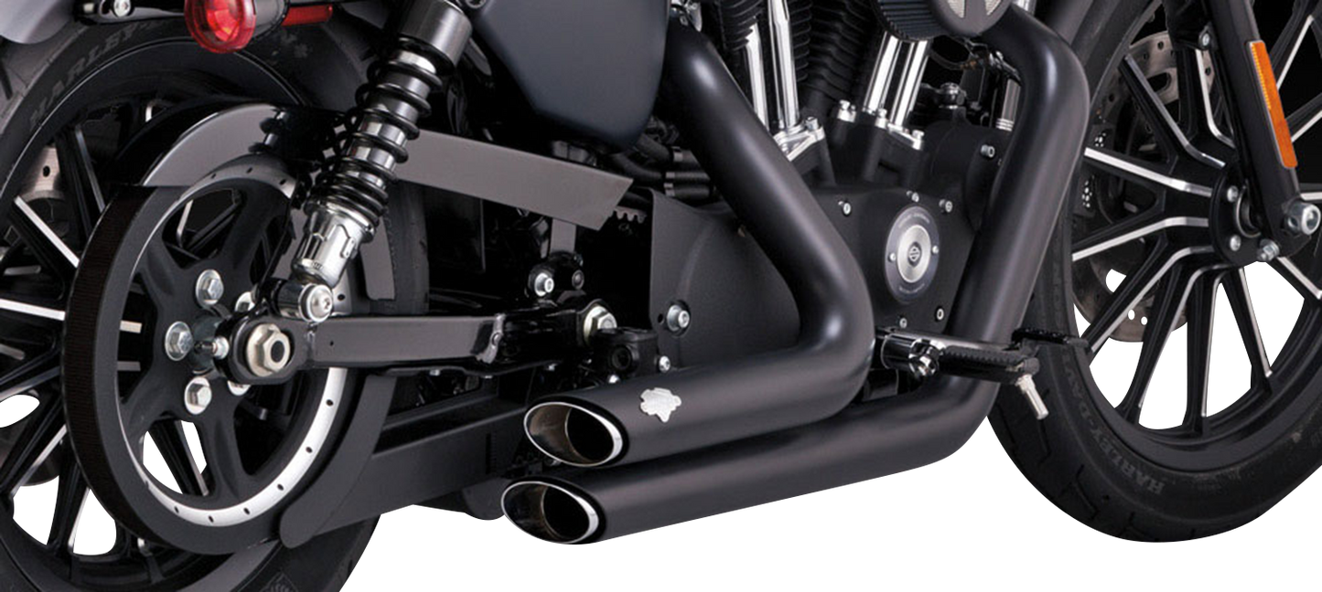 Vance & Hines Shortshots Staggered Black Exhaust System for motorcycle, showcasing sleek black finish and staggered pipe design.