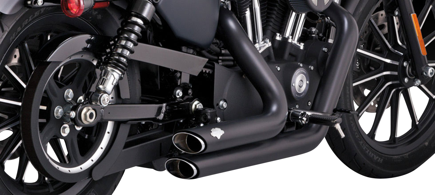 Vance & Hines Shortshots Staggered Black Exhaust System for motorcycle, showcasing sleek black finish and staggered pipe design.