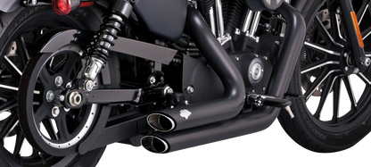 Vance & Hines Shortshots Staggered Black Exhaust System for motorcycle, showcasing sleek black finish and staggered pipe design.