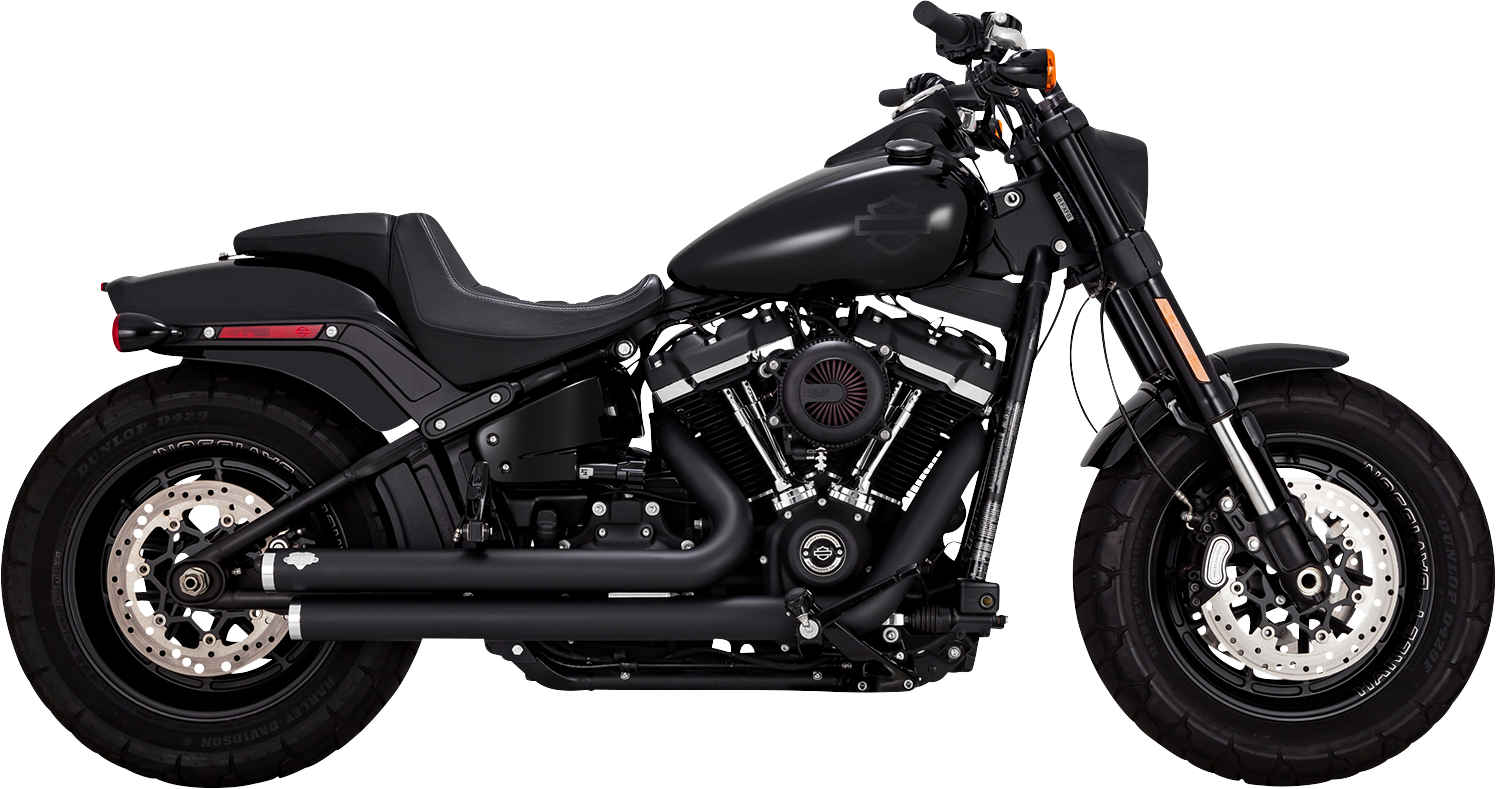 VANCE & HINES Big Shots Staggered Exhaust System in black mounted on a motorcycle, showcasing its sleek design.